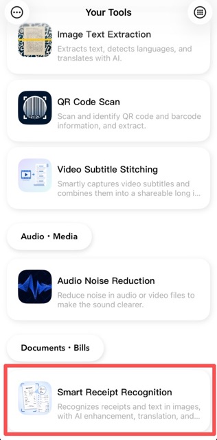 Your Tools - Smart Receipt Recognition home page and import options